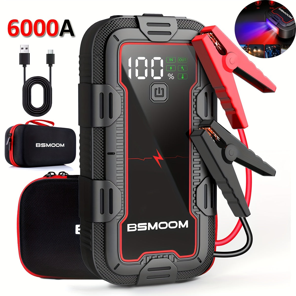 12V Car Jump Starter 6000A Peak Auto Battery Booster Pack, 26800mah Power Bank, Lithium Jump Box With LED Light LCD Screen (Up To All Gas Or 10.0L Diesel Engine)