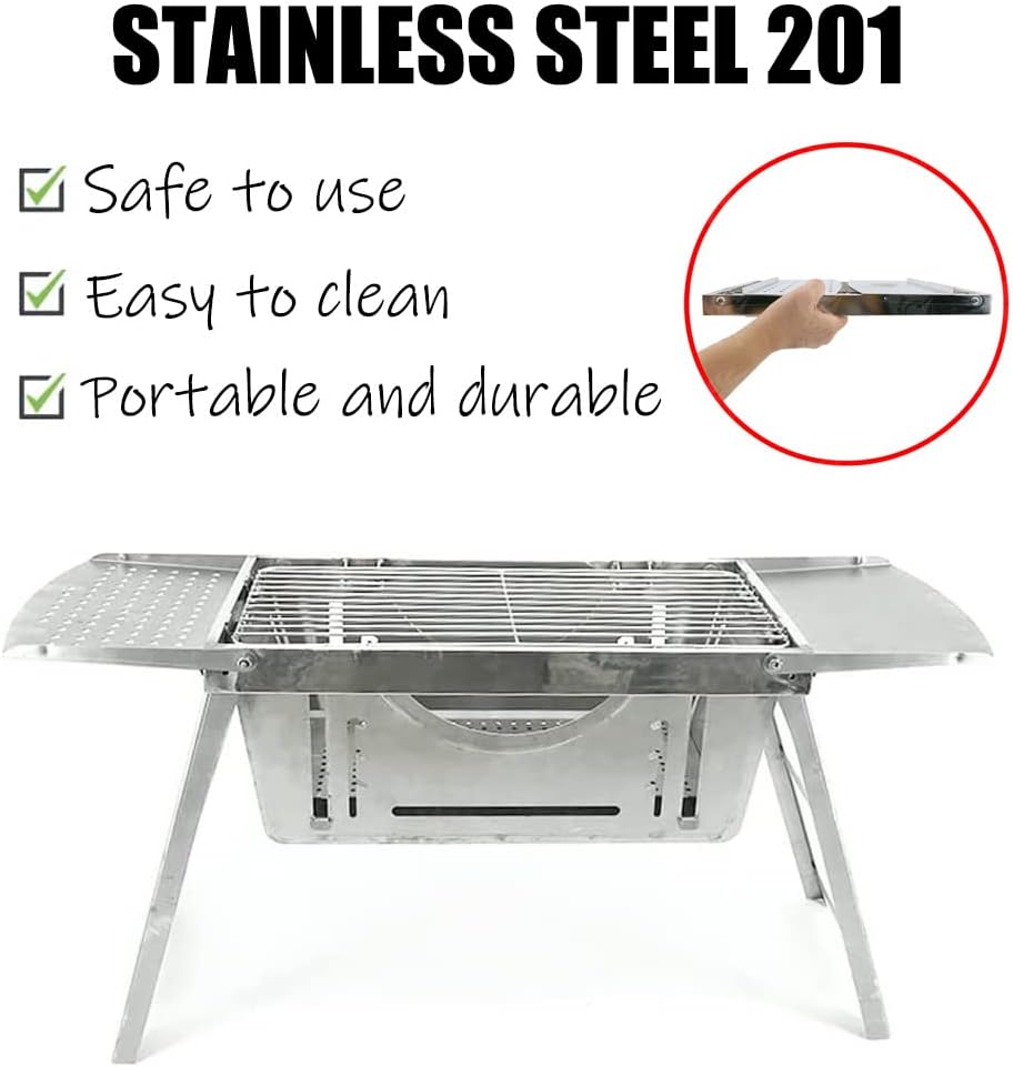 Folding Camping Charcoal Grill Portable BBQ Grill Stainless Steel with Carrying Bag S/L Size