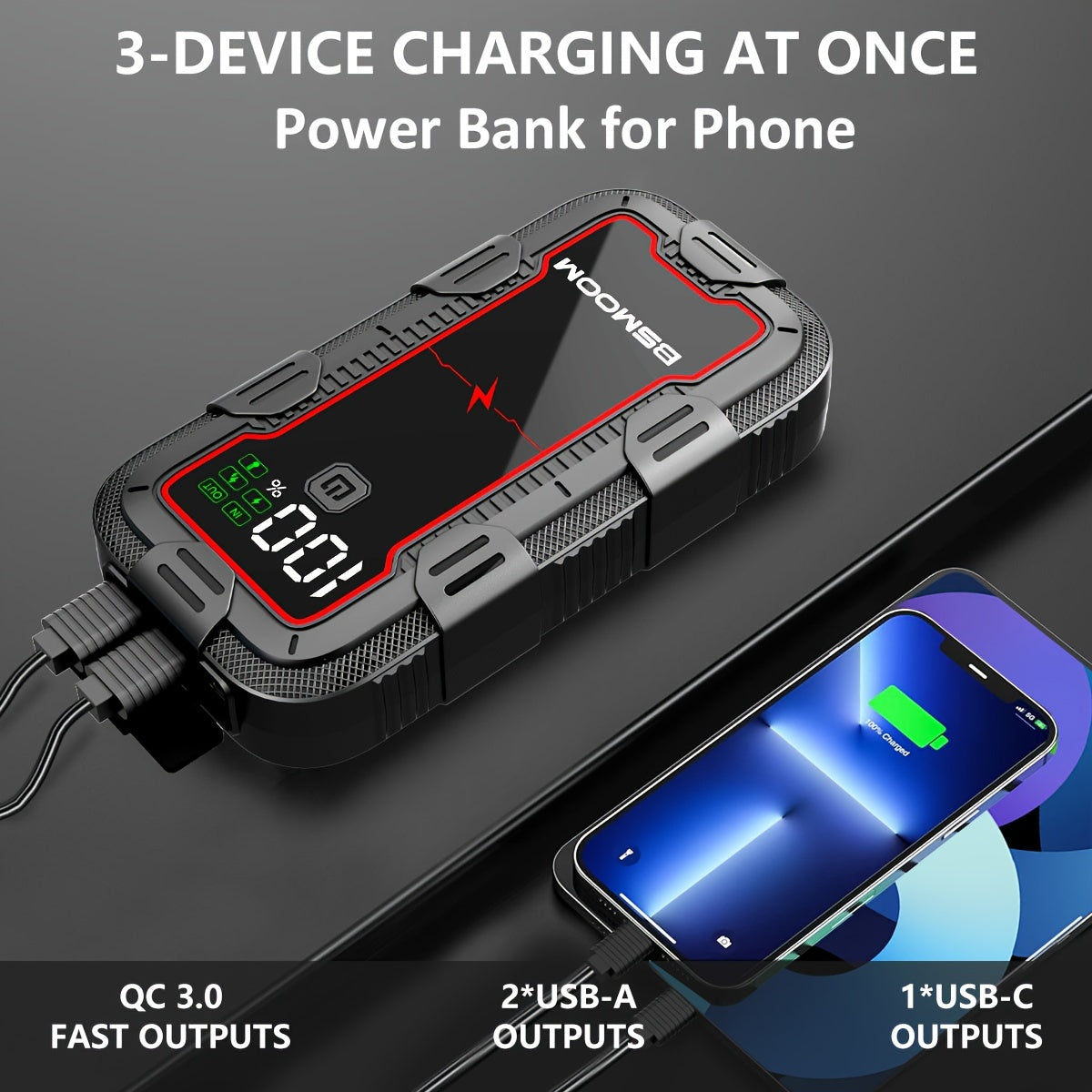 12V Car Jump Starter 6000A Peak Auto Battery Booster Pack, 26800mah Power Bank, Lithium Jump Box With LED Light LCD Screen (Up To All Gas Or 10.0L Diesel Engine)